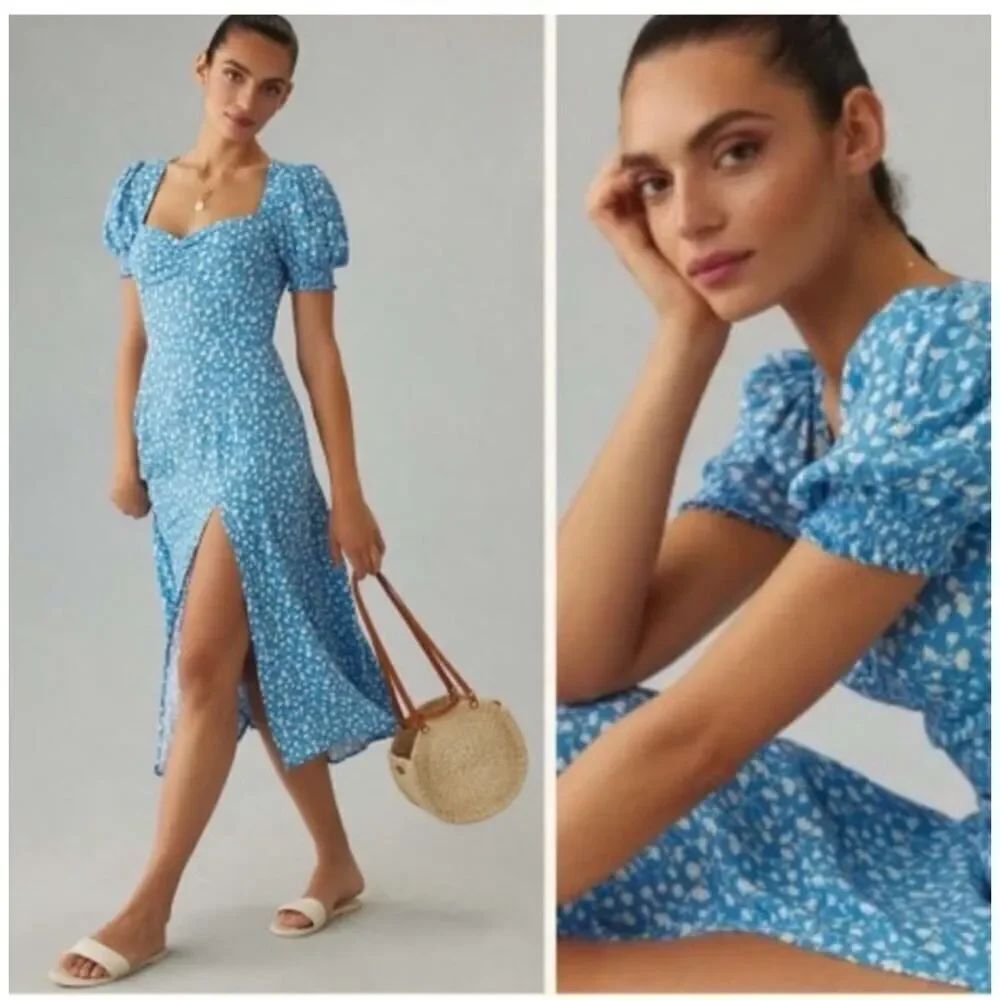 Reformation Lacey Floral Puff Sleeve Blue Midi Dress Size 2 Viscose Blend Slit
